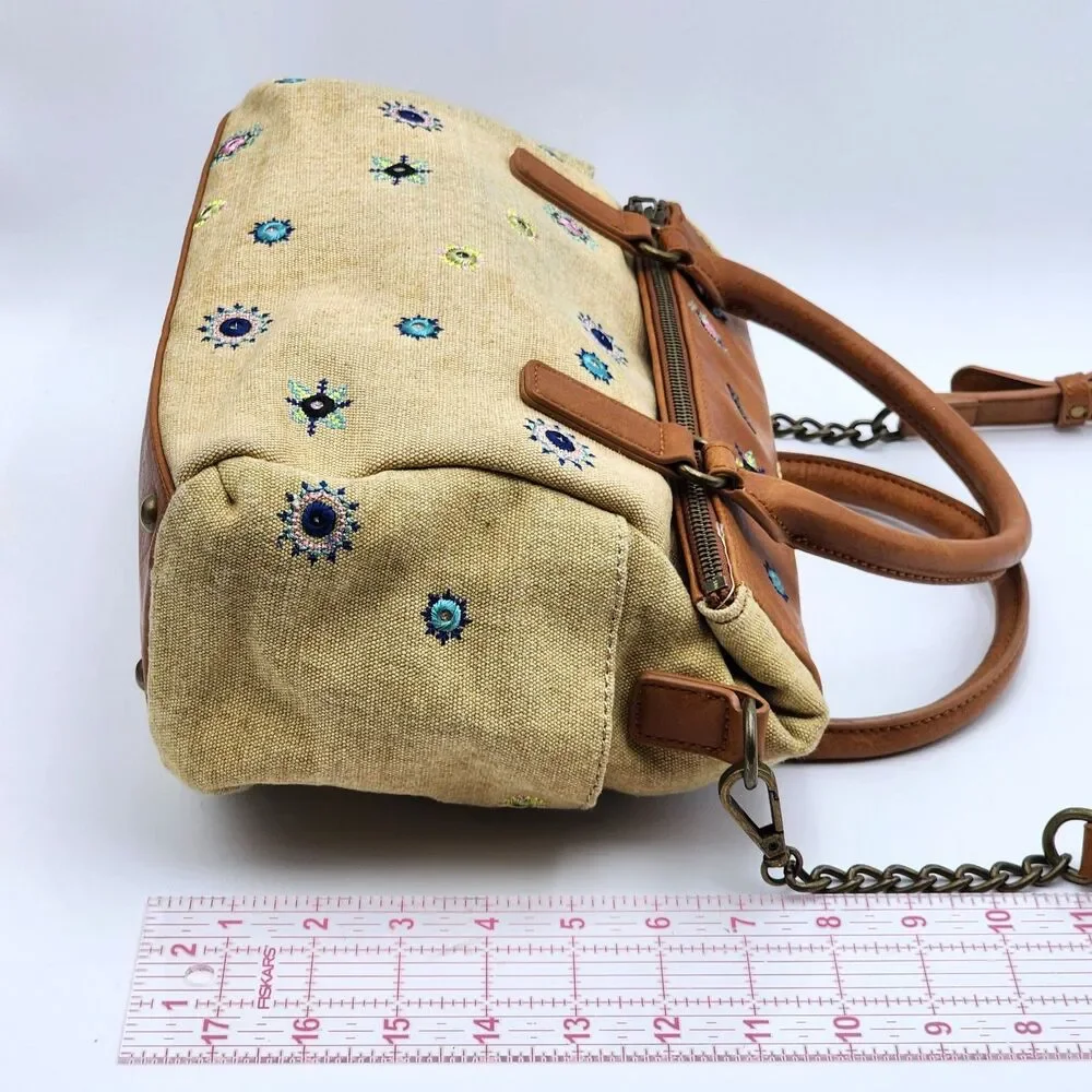 Desigual Mandalas Embroidered Julietta Loverty Canvas Satchel Bag Tan Brown HTF
